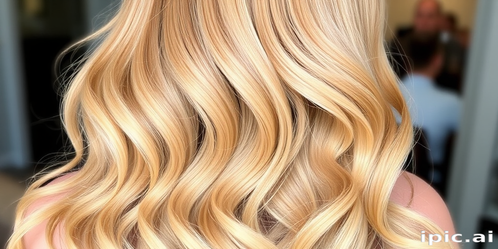 Radiant honey blonde mermaid waves, known as "Golden Cascade," flow gracefully down the back with subtle ombre effects and glossy shine
