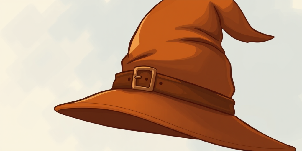 Create a detailed illustration of a brown wizard hat with a wide brim and a buckle, captured with a DSLR camera at f/2.8, ISO 100, 50mm lens, with a shallow depth of field and soft background blur for enhanced image quality.