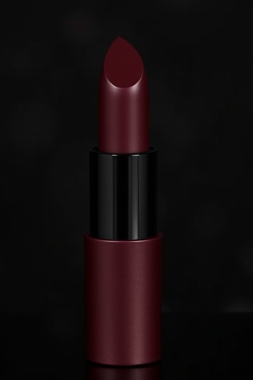Deep burgundy matte lipstick called "Midnight Velvet," boasting a rich, velvety texture and long-lasting formula for elegant evening wear