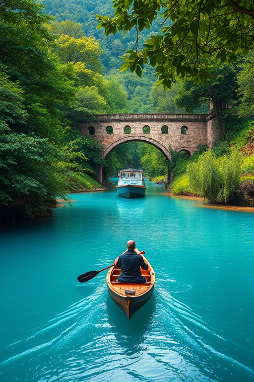 regenerate a serene river scene with lush greenery and a stone bridge in the background, a person paddling a small boat on the vibrant blue water, use a Canon EOS 5D Mark IV, aperture f/8, shutter speed 1/125s, ISO 100, wide-angle lens, shot from a low angle to emphasize the depth of the landscape