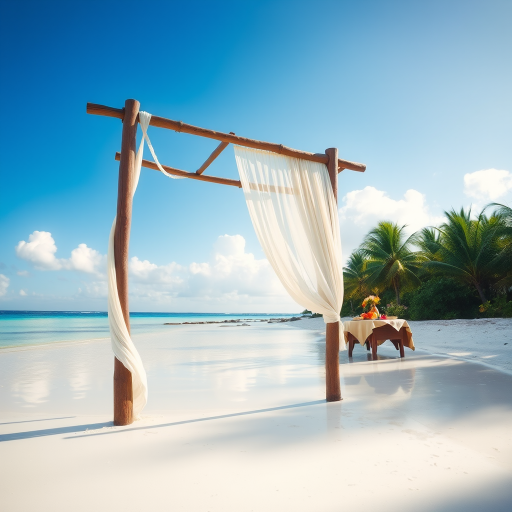 Create a picturesque tropical beach scene featuring a serene, white sandy shore. In the foreground, there's a rustic wooden canopy with white drapes gently flowing in the breeze. Underneath the canopy, a table is set with tropical decor, evoking a sense of relaxation and leisure. The beach extends into a calm, shallow water area with reflections of the sky and surroundings. Palm trees and lush greenery line the edge of the beach, providing a natural, tropical backdrop. The sky is clear with a few scattered clouds, and the overall atmosphere is tranquil and inviting, perfect for a peaceful retreat.