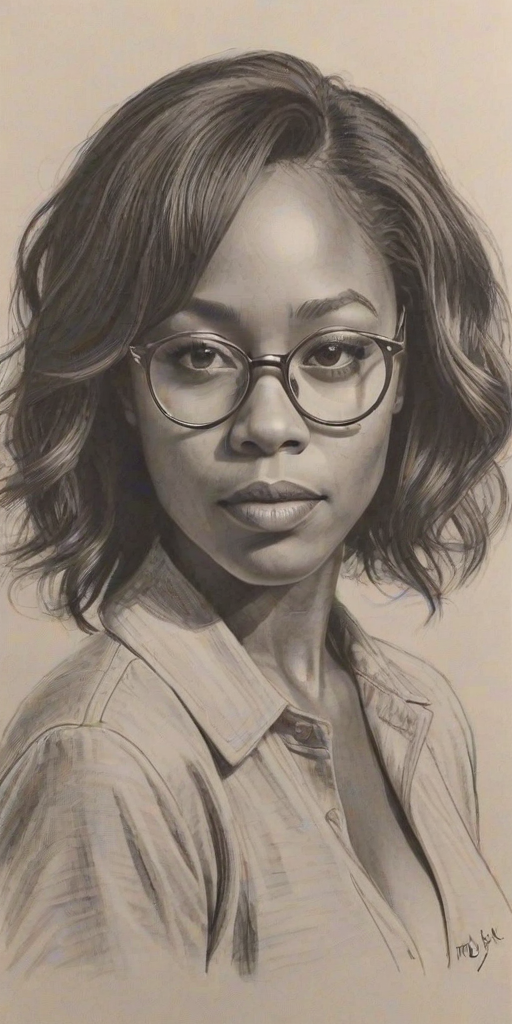 Stunning Nicole Beharie, pencil sketch, portrait of Fetching woman 1954s in glasses, hair style beatnik, outline, clear lines, fine lines, 8k