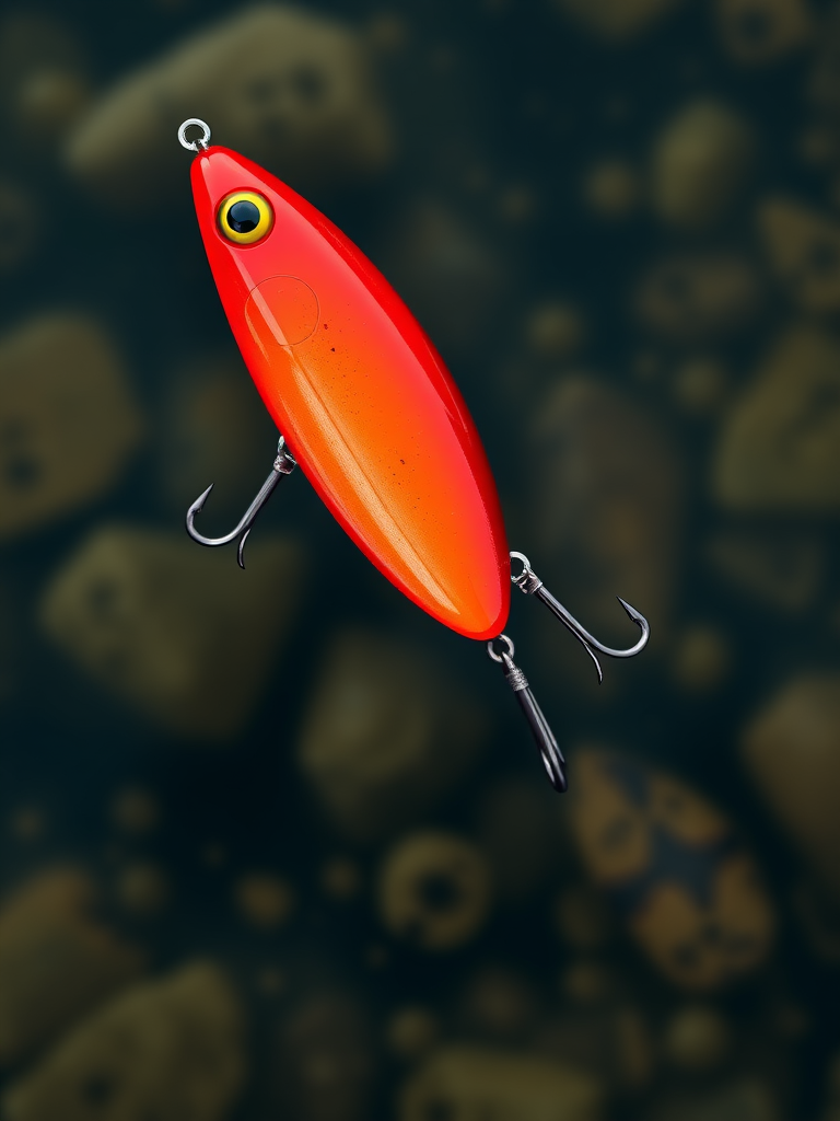 Create a high-resolution image of a red fishing lure from a top-down perspective, using a DSLR camera with a 50mm lens at f/1.8, ISO 100, and a shutter speed of 1/250s for crisp details and vibrant colors.