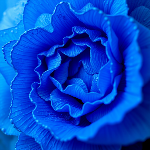 Create a vibrant abstract image featuring intricate patterns in shades of blue with textured layers, captured with a DSLR camera at ISO 100, f/8 aperture, 1/60 sec shutter speed, in macro view to enhance detail.