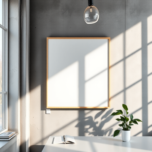 Create a minimalist interior scene featuring a blank framed white canvas on a concrete wall, soft natural light casting shadows, a modern desk with a notebook and pen, and a green plant nearby, shot with a Canon EOS R5, 35mm lens, aperture f/1.8, ISO 100, and a wide-angle view.