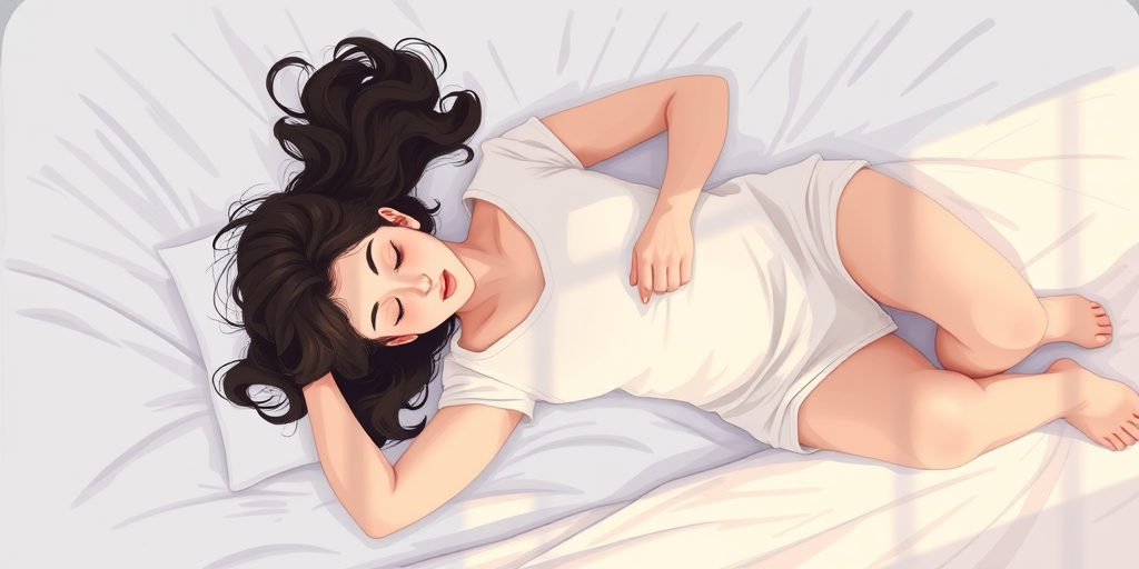 create a digital illustration of a person lying on a bed with a relaxed posture, using a soft color palette, 50mm lens, f/2.8 aperture, natural lighting, top-down view, digital art style, high resolution