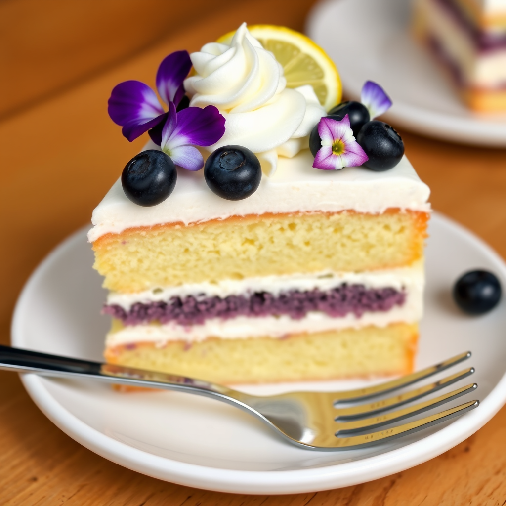 A slice of layered cake with fluffy frosting blueberries and edible flowers on top served on a white plate with a fork beside it. The cake has three visible layers with a light yellow sponge and a purple filling. The top is decorated with a dollop of cream a slice of lemon and fresh blueberries.