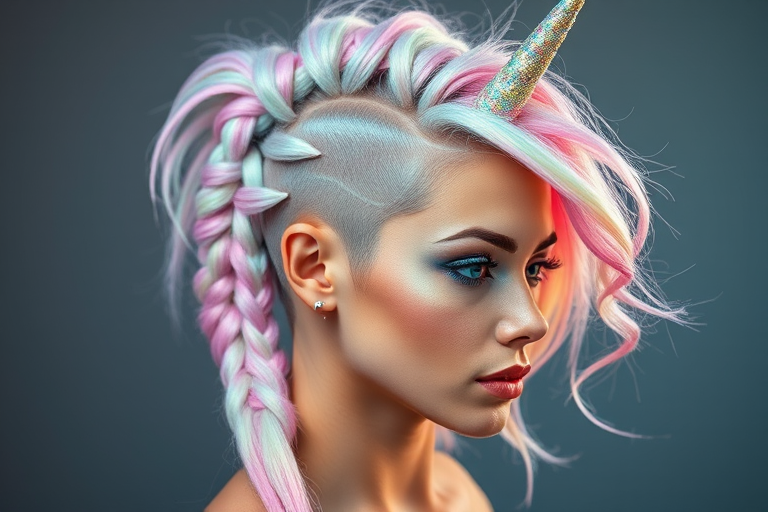 Avant-garde portrait showcases Holographic Unicorn hair, iridescent pastel hues shifting colors in the light, styled in an elaborate braided mohawk with glitter accents