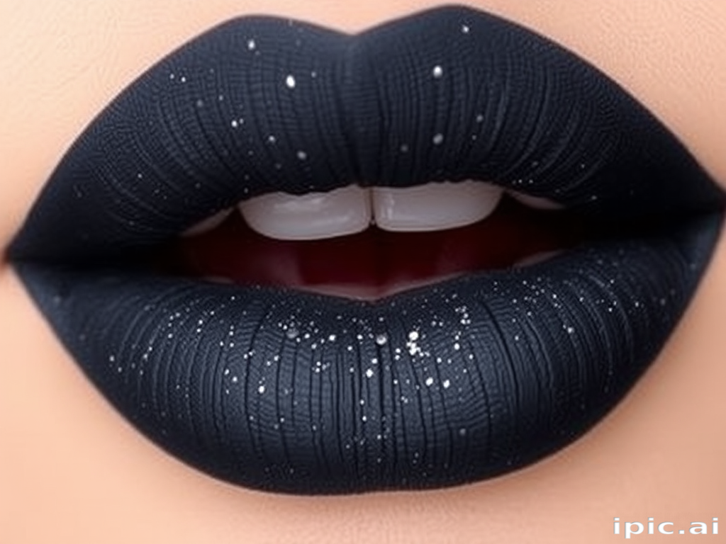 Matte charcoal grey lips with silver micro-glitter, titled "Starry Night," provide an edgy, dramatic look with a comfortable, long-lasting formula
