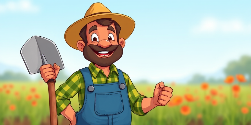 Create a high-resolution cartoon image of a cheerful farmer, with a brown-skinned man wearing a straw hat, green checked shirt, and blue overalls, holding a spade, illustrated in a vibrant and colorful style, using a digital art approach with a 50mm lens equivalent, f/4 aperture, and a soft focus background to enhance subject clarity.
