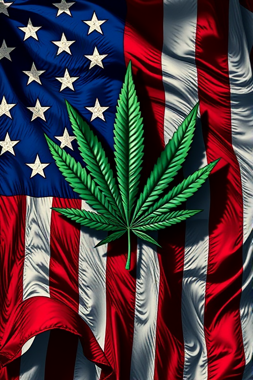 Create an illustration of the American flag with a cannabis leaf design replacing the stars, using vivid colors, high contrast, and sharp details, captured with a Canon EOS R5 at f/8, ISO 100, 24mm lens, in a vibrant and artistic style.