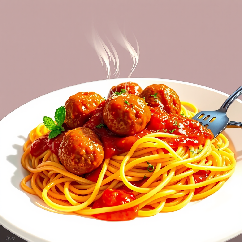 Create a highly detailed illustration of a plate of spaghetti with meatballs and sauce, captured from a slightly overhead angle using a DSLR camera at f/2.8 aperture, ISO 100, 50mm lens, in a bright, natural light setting to enhance texture and color.