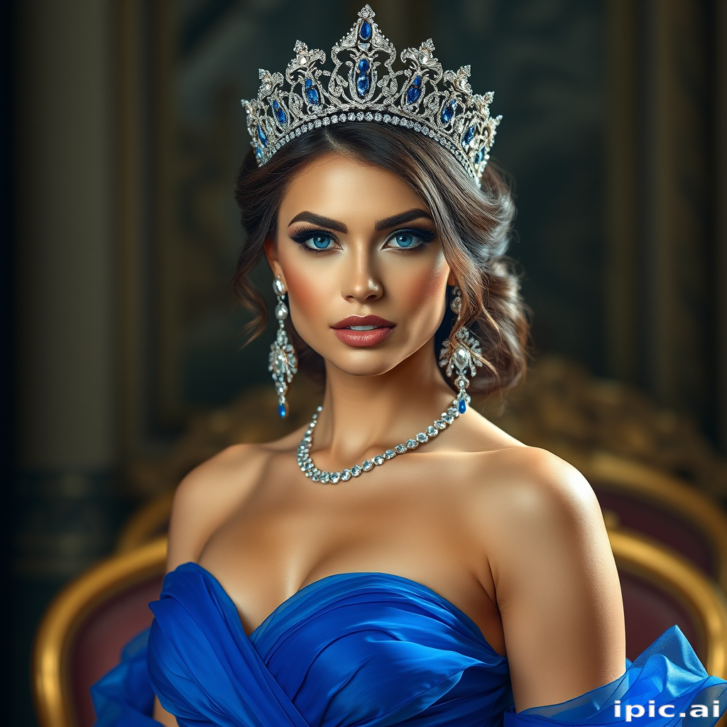 A gorgeous woman in a luxurious blue gown, accessorized with a dazzling tiara and statement earrings, her deep blue eyes highlighted by impeccable makeup, poised in a royal setting, photorealistic, 8K quality