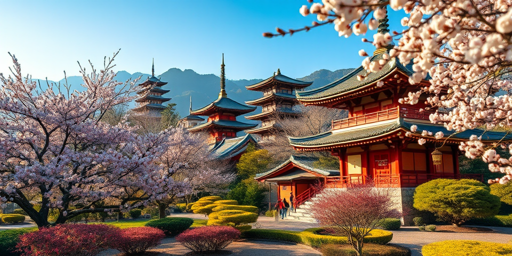captured with a Canon EOS 5D Mark IV, 50mm lens, f/8, ISO 100, soft focus, landscape view, with vibrant colors and high dynamic range to enhance the tranquil Asian garden scene with cherry blossoms and pagodas