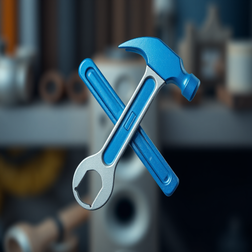 Generate an image of a blue hammer and wrench crossed over each other, using a DSLR camera with a 50mm lens, aperture set to f/1.8 for a shallow depth of field, with soft natural lighting and a slight vignette effect.