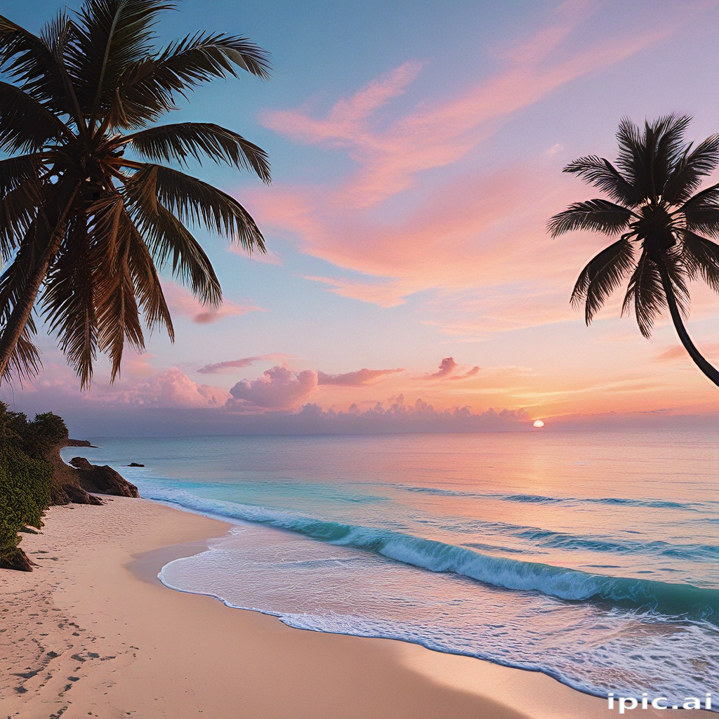 Tranquil Sunset Over a Serene Beach with Palm Trees Silhouettes