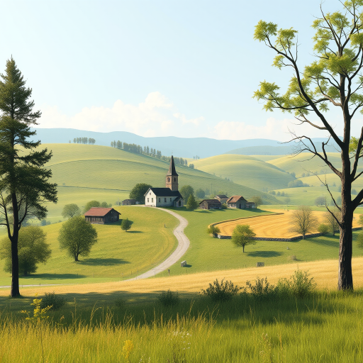 regenerate a digital illustration of a serene countryside landscape with a small village, featuring a church and rustic houses, surrounded by rolling hills and trees, in a minimalistic style, using a Canon EOS R5, 50mm lens, aperture f/8, ISO 100, with a bright and soft lighting setup for enhanced clarity and detail.