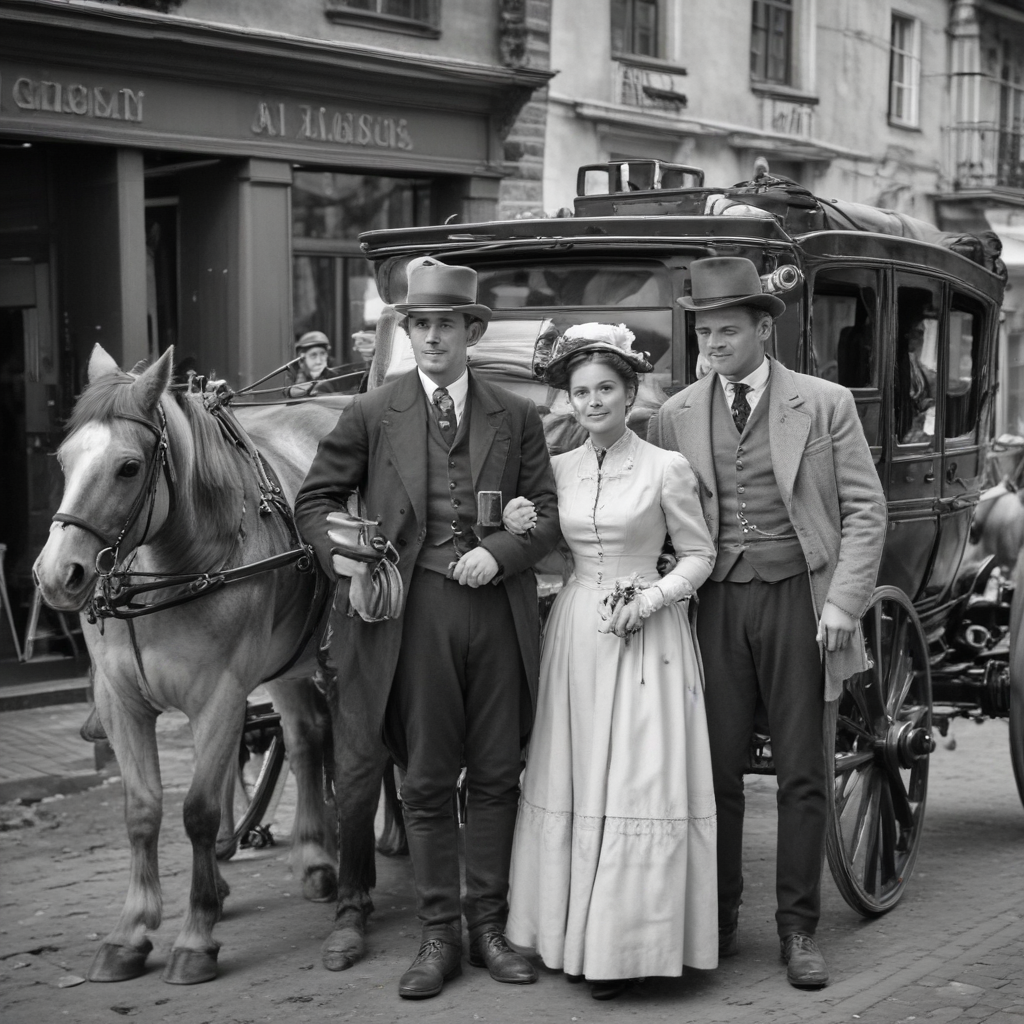 Old fashioned photo, black and white, group of people with one holding a modern phone, olden day times with horse carriage