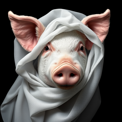 A hyper-realistic digital portrait of an pig with fabric draped over its head. The fabric is sheer and lightweight, allowing the contours of the pig’s face to show through, including its ears, eyes, and nose. The texture of the fabric is smooth and flowing, with delicate folds and creases that suggest softness and movement. The pig’s expression is serene and contemplative. The image focuses on the interplay of light and shadow on the fabric and the pig's face, creating a monochromatic palette of whites and grays. The background is a simple, nondescript dark shade to highlight the subject.