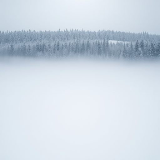 Wide shot of a snowy landscape with a foggy foreground and a dense forest in the background, captured with a DSLR camera at f/8, ISO 100, shutter speed 1/250s, using a 50mm lens for sharpness and clarity.