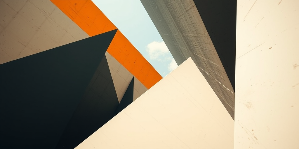 Create an abstract image featuring large, geometric triangular shapes with sharp angles and contrasting colors, captured with a DSLR camera, wide-angle lens at f/8 aperture, ISO 100, in natural light, from a low-angle perspective to emphasize depth and complexity.