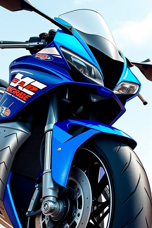 Create a highly detailed digital illustration of a blue sports motorcycle with a sleek design and vibrant colors, captured from a low-angle perspective to emphasize its sporty features, using a digital camera set to a high resolution, 50mm lens, f/2.8 aperture, and natural lighting for enhanced clarity and contrast.