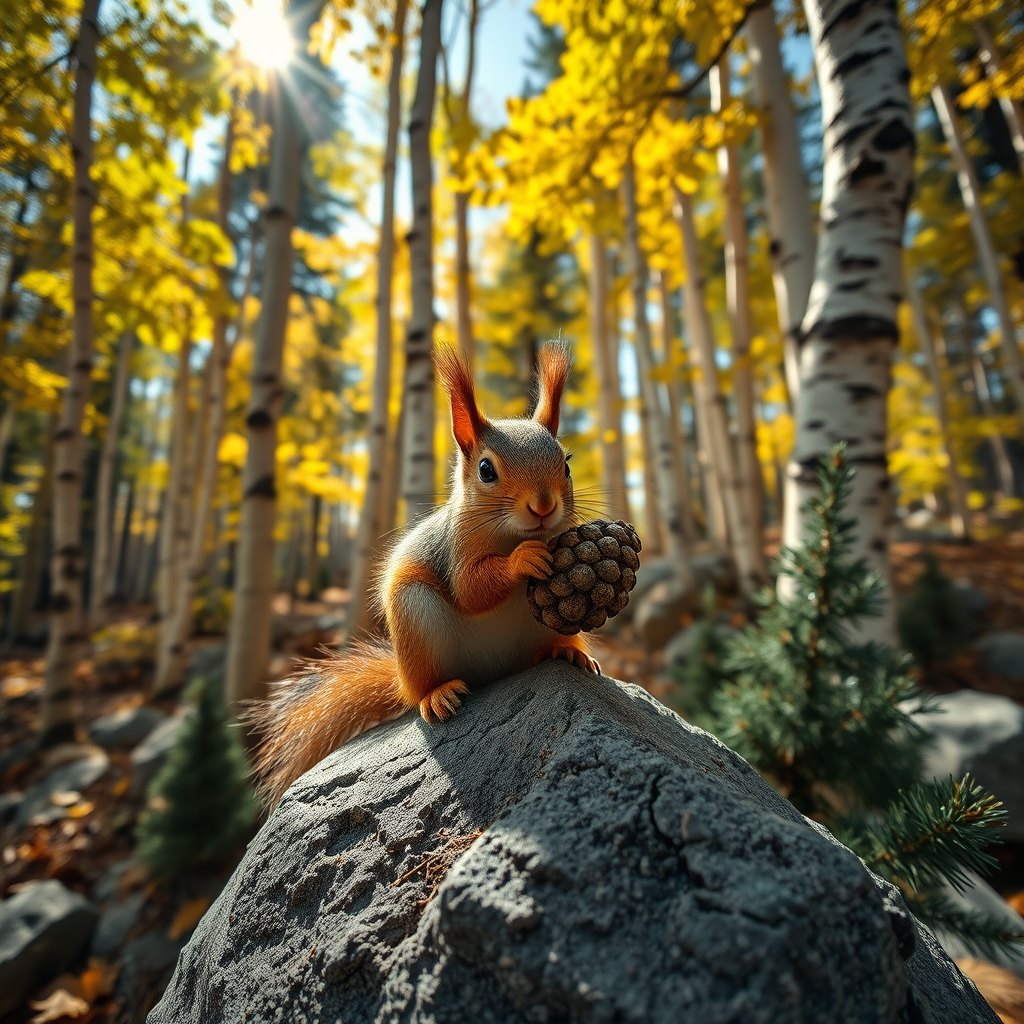 HD 8k close up of aspen trees , make the leaves have a bright but deep glowing effect, add black lines to highlight and detail the bark and leaves. The sun shines through a portion. Add some rock formations scattered throughout the forest area.  Place a squirrel close up on the rock formation. The view is eye level with the squirrel. The squirrel is cute and plump while he is trying to open a pine cone. Add a few dark green pine trees randomly.