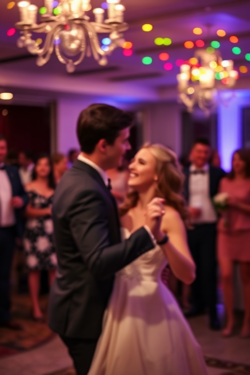 Blurry action shot of a young couple dancing joyfully at a wedding reception, colorful lights twinkling overhead, with guests softly blurred in the background.
