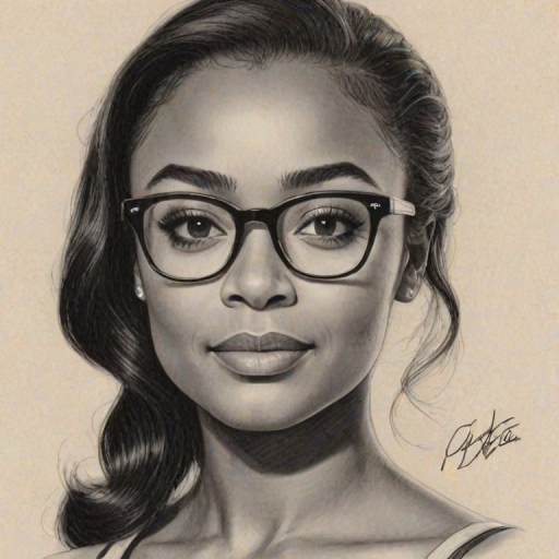 Elegant Tatyana Ali, pencil sketch, portrait of Dazzling woman 1960s in glasses, hair style beatnik, outline, clear lines, fine lines, 8k