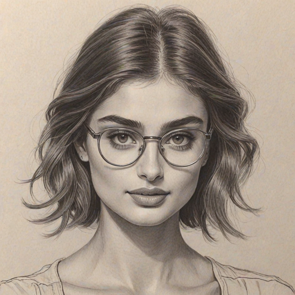 Pleasing Taylor Hill, pencil sketch, portrait of Fascinating woman 1974s in glasses, hair style beatnik, outline, clear lines, fine lines, 8k
