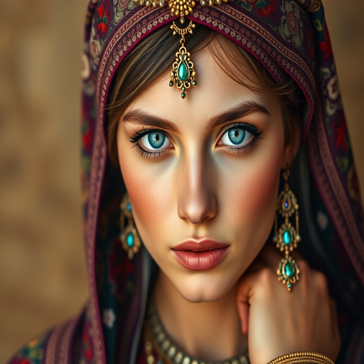 Create a portrait of a beautiful Circassian woman with striking cyan eyes and a gentle expression. She is adorned in traditional attire with intricate patterns, including a richly embroidered headscarf and matching garments. Her jewelry includes a delicate headpiece, dangling earrings, and ornate bracelets, all featuring vibrant gemstones and detailed metalwork. The background is soft and warm, enhancing the rich colors of her outfit and jewelry.
