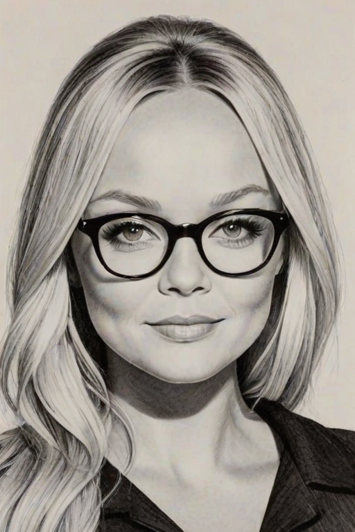 Enchanting Emma Bunton, pencil sketch, portrait of Pleasing woman 1959s in glasses, hair style beatnik, outline, clear lines, fine lines, 8k