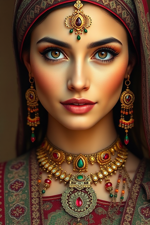Create a portrait of a beautiful woman with striking hazel eyes and a gentle expression. She is adorned in traditional attire with intricate patterns, including a richly embroidered headscarf and matching garments. Her jewelry includes a delicate headpiece, dangling earrings, and ornate bracelets, all featuring vibrant gemstones and detailed metalwork. The background is soft and warm, enhancing the rich colors of her outfit and jewelry.