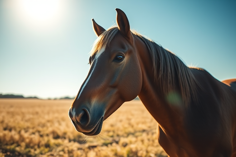 regenerate an image of a horse in a sunny field, camera settings: ISO 100, aperture f/2.8, shutter speed 1/500s, camera view: close-up, camera style: natural light with lens flare effect, camera type: DSLR