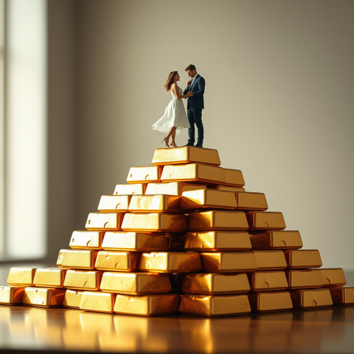 Generate an image of golden ingots stacked in a pyramid with a couple floating above, captured with a 50mm lens at f/1.8 aperture, ISO 100, in soft natural lighting, using a DSLR camera with a focus on vibrant colors and smooth gradients.