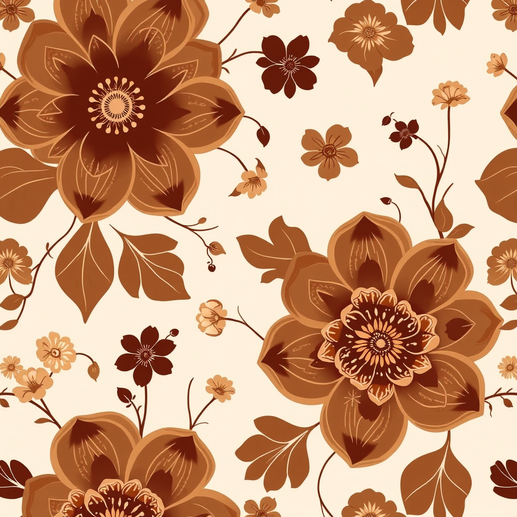 Create a seamless floral pattern featuring large brown and beige flowers with intricate designs, accompanied by smaller flowers and gentle vines on a light beige background.