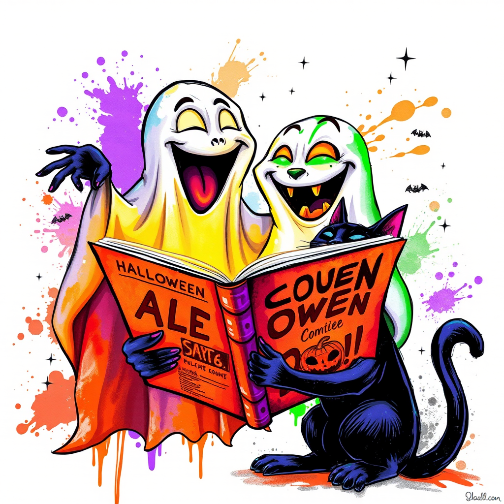 Image of a ghost and a black cat laughing exaggeratedly , and reading a comic halloween comic book, alcohol ink airbrush style, funny halloween theme, white background with neon purple, neon orange, neon green splash, black sparkles stars , dazzling BG