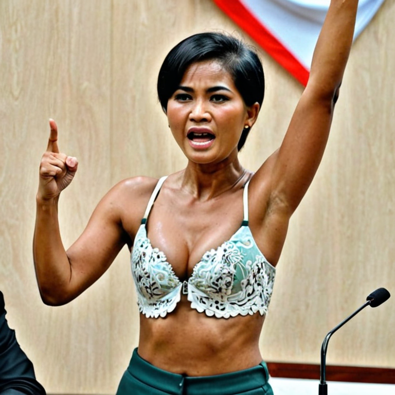 Free Ai Image Generator - High Quality and 100% Unique Images -  —  indonesian women judge, talking with mic, short haired, angry, hands up,  showing hairy armpits,nad with big boobs sweaty