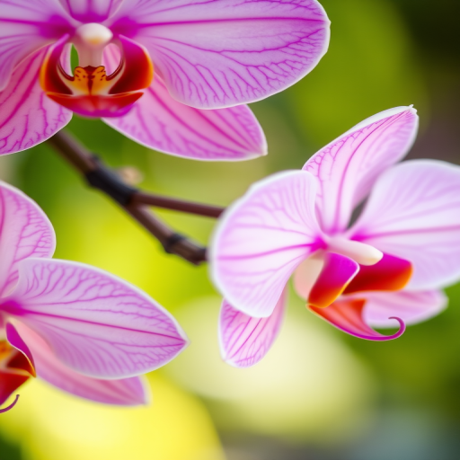 capture a close-up of vibrant pink and white orchids with a shallow depth of field, use a macro lens, aperture f/2.8, ISO 100, natural lighting, focus on intricate petal textures, with a blurred green background