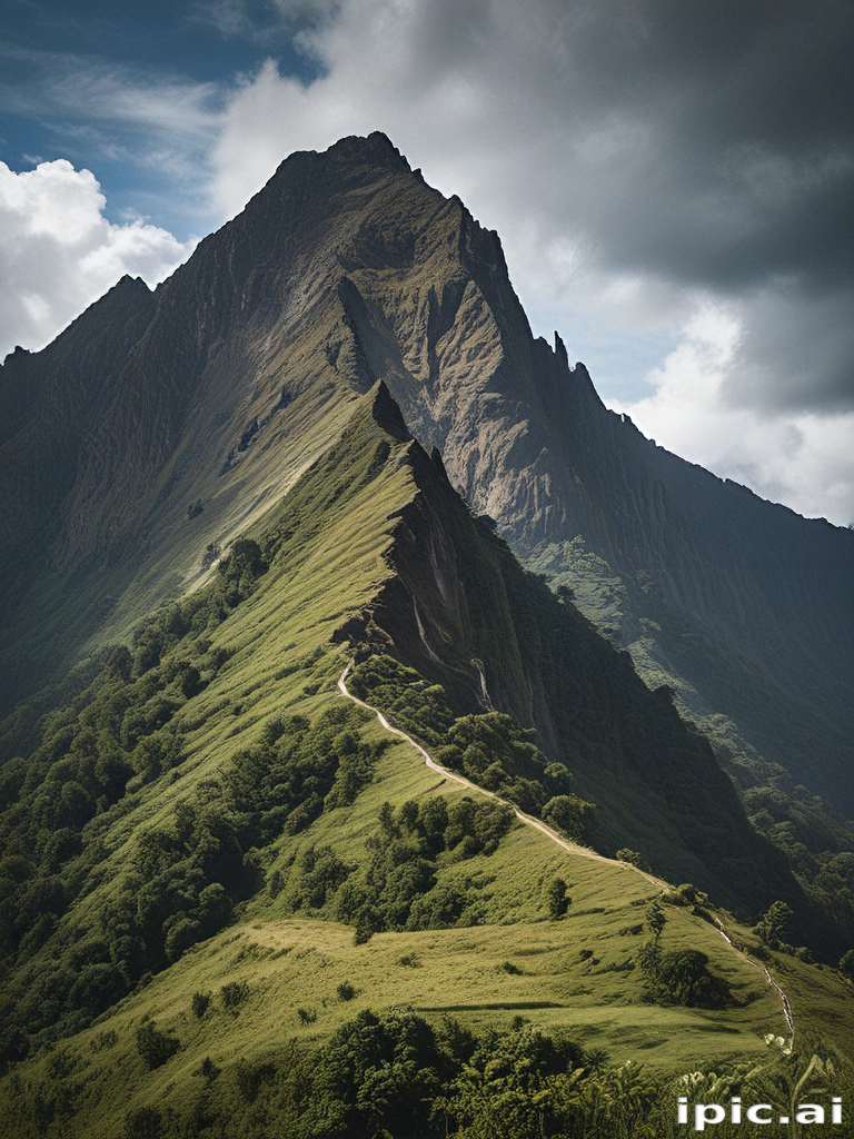 Majestic Mountain Peak Overlooking a Serene Green Valley Trail
