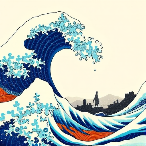 Regenerate the image of a stylized wave with intricate details and contrasting colors in traditional Japanese art style, use a 50mm lens, f/8 aperture, ISO 200, landscape view, HDR photography technique, captured with a digital SLR camera to enhance clarity and depth.