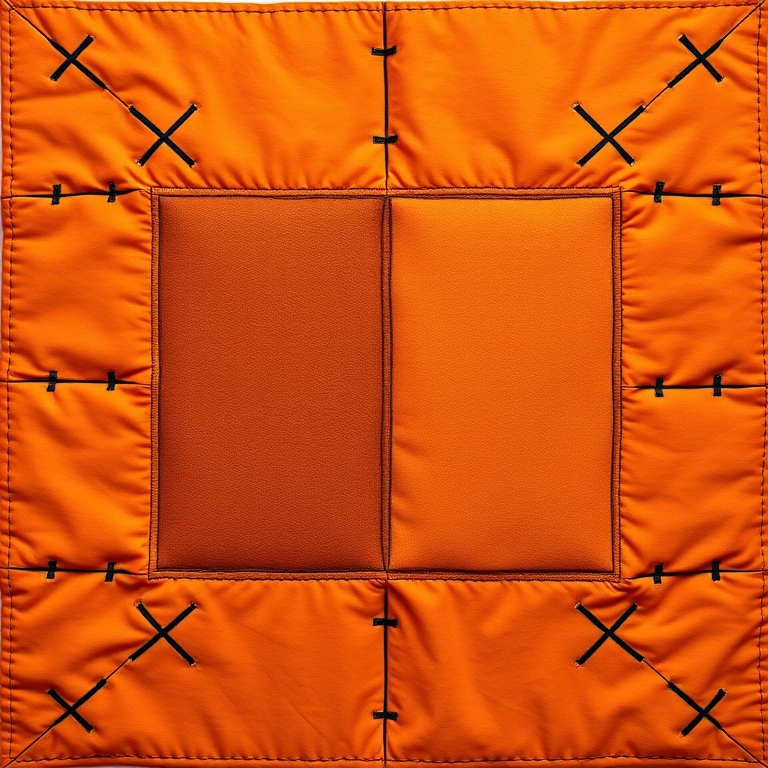 Create a high-resolution digital illustration of an orange quilt square with two brown patches in the center, surrounded by black X-shaped stitches, using a Canon EOS 5D Mark IV with a 50mm lens at f/2.8, ISO 100, and a top-down view for clarity and detail.