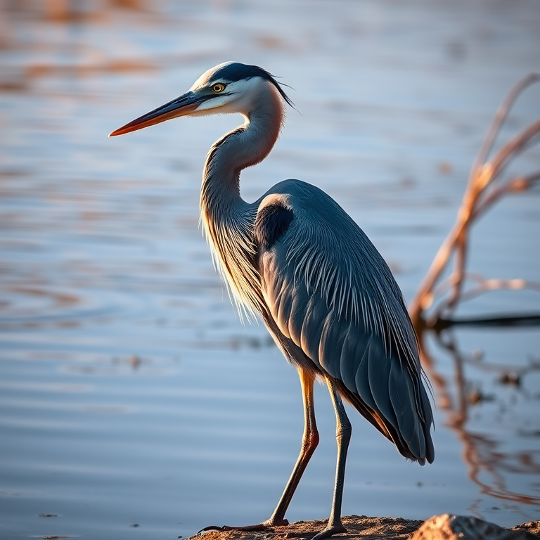 create a realistic depiction of a great blue heron standing by the water's edge, focus on intricate feather details and reflections in the water, use a Canon EOS R5 camera with a 85mm f/1.2 lens, aperture set to f/4, ISO 200, shutter speed 1/500s, natural lighting during golden hour, shallow depth of field to emphasize the heron