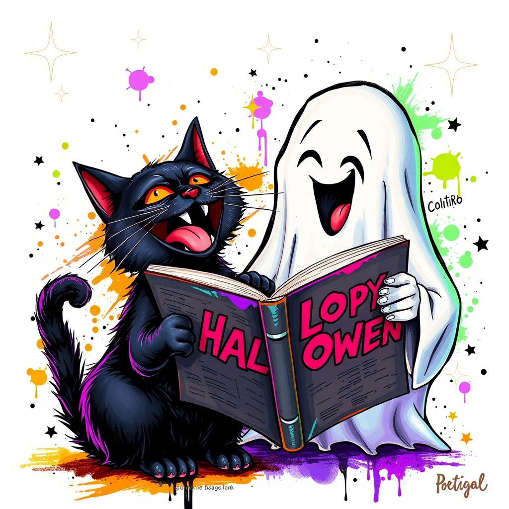 Image of a ghost and a black cat laughing exaggeratedly , and reading a comic halloween comic book, alcohol ink airbrush style, funny halloween theme, white background with neon purple, neon orange, neon green splash, black sparkles stars , dazzling BG
