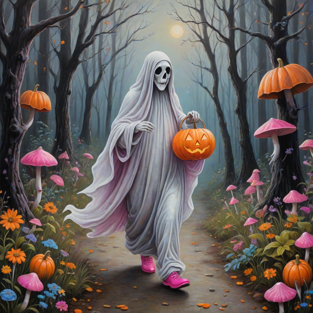 whimsical acrylic and oil painting, 3D, of a ghost, walking and carrying an orange pumpkin bucket and a lantern in the other hand, with bright pink croc shoes, background path in the enchanted forest, wildflowers, colorful mushrooms misty hues of black and orange with bright gold glitter, ultra detailed..Inspired by a prompt from another group