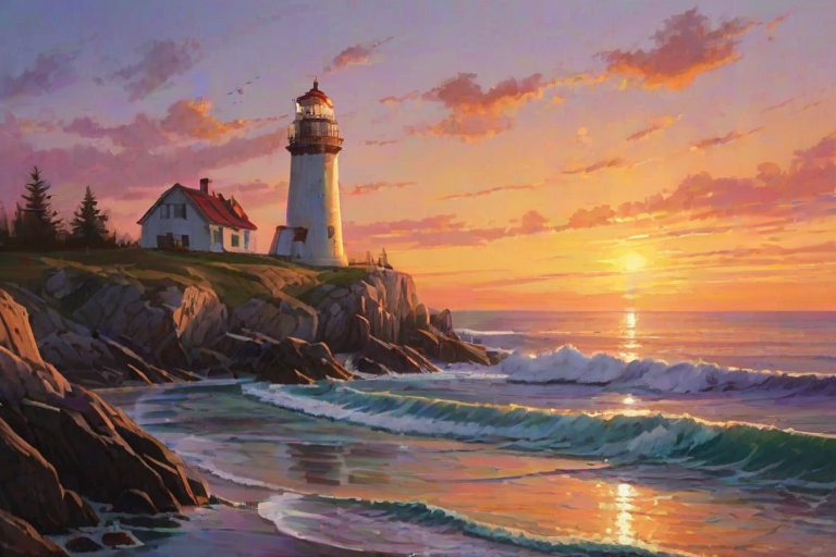Generate an image of a tall lighthouse perched on a rocky outcrop surrounded by calm ocean waters during a breathtaking sunset. The lighthouse stands sturdy and weathered, its stone surface illuminated by the warm golden light of the setting sun. The sun's rays pass directly through the glass lantern room at the top of the lighthouse, casting a brilliant light across the scene. The sky is painted with vibrant shades of orange, pink, and purple, reflecting off the tranquil sea. The surrounding water shimmers with the same warm hues, creating a serene and majestic atmosphere.