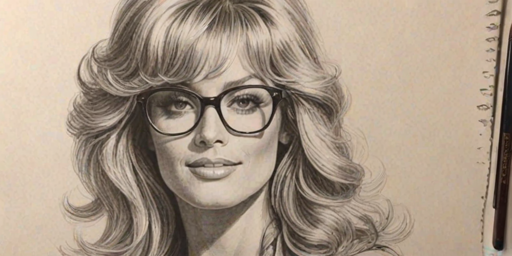 Ravishing Farrah Fawcett, pencil sketch, portrait of Enchanting woman 1958s in glasses, hair style beatnik, outline, clear lines, fine lines, 8k