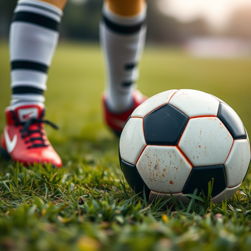 Create an image of a soccer ball on a grassy field with a child's feet in soccer cleats beside it, using a DSLR camera with a 50mm lens, aperture set to f/2.8, ISO 200, and a shallow depth of field for a blurred background effect, capturing the scene from a low angle for emphasis on the ball.