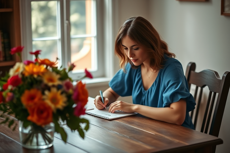 Regenerate the image of a woman in a blue dress writing at a wooden table with a bouquet of colorful flowers nearby, soft natural lighting from a window, use a Canon EOS R5 camera with a 50mm lens, aperture set to f/1.8, ISO 200, focus on the subject with a slight bokeh effect in the background for enhanced depth.