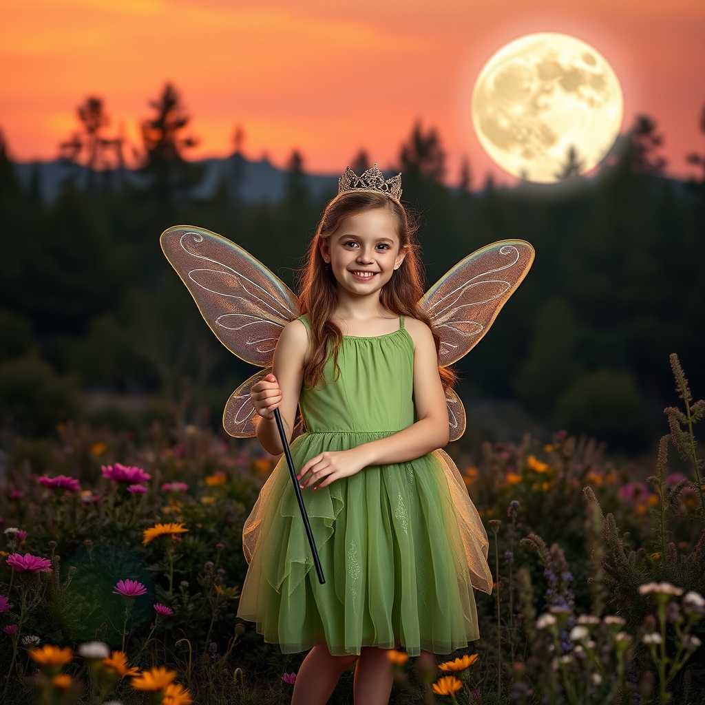 A vivid photo  taken under a bright camera flash of a fantastical scene set against a backdrop of a forest during sunset. The main subject is a girl dressed as a fairy, adorned with translucent wings and a green dress, holding a wand, her face is happy, and she wears a crown on her head. The forest behind her is a blend of flowers, shrubs and trees. The sky is painted in hues of orange and pink, with a large, glowing moon casting a warm glow over the scene. The overall color palette is dominated by earthy tones.